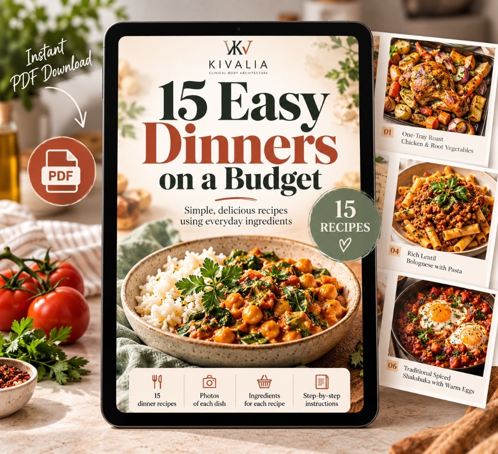 15 Easy Dinners on a Budget digital recipe ebook displayed on a tablet